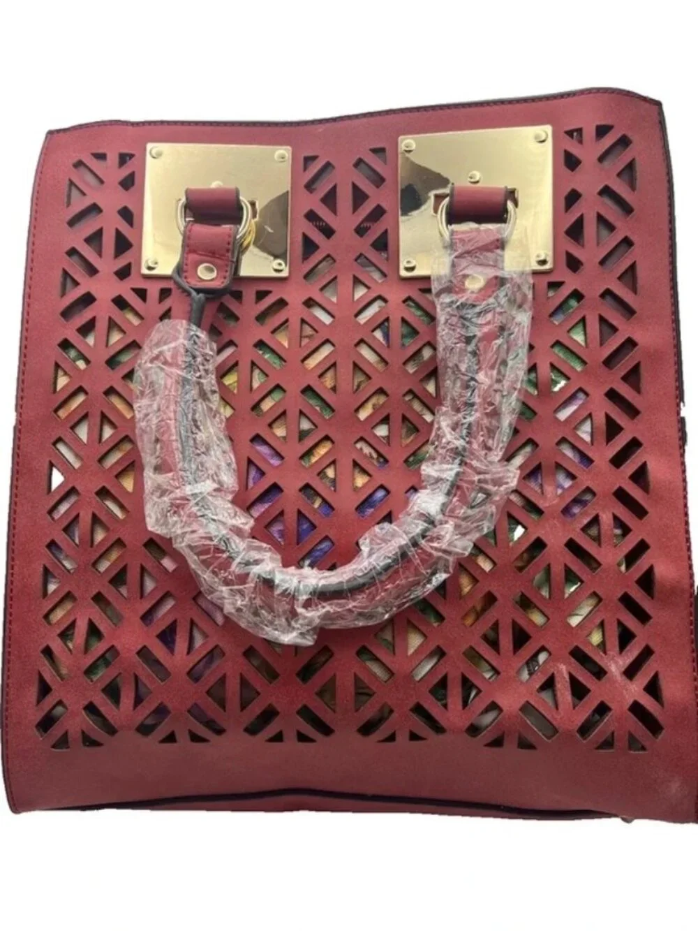 Rimen & Co Red Laser Cut Tote Handbag Multicolor Lining Gold Hardware NWT